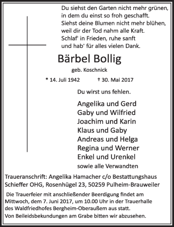 Anzeige von Bärbel Bollig von  Sonntags-Post 