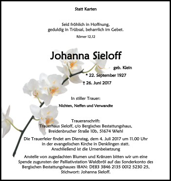 Anzeige von Johanna Sieloff von Kölner Stadt-Anzeiger / Kölnische Rundschau / Express