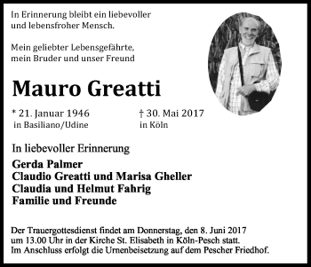 Anzeige von Mauro Greatti von Kölner Stadt-Anzeiger / Kölnische Rundschau / Express