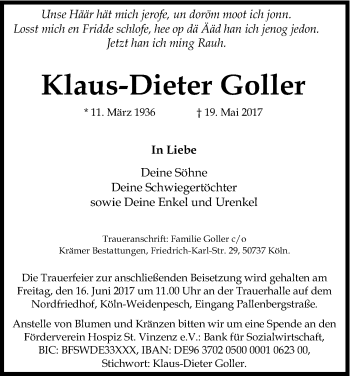 Anzeige von Klaus-Dieter Goller von Kölner Stadt-Anzeiger / Kölnische Rundschau / Express