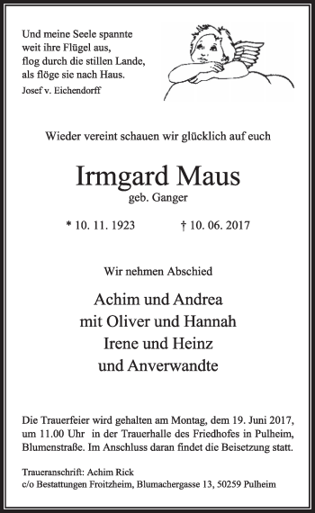 Anzeige von Irmgard Maus von  Sonntags-Post 