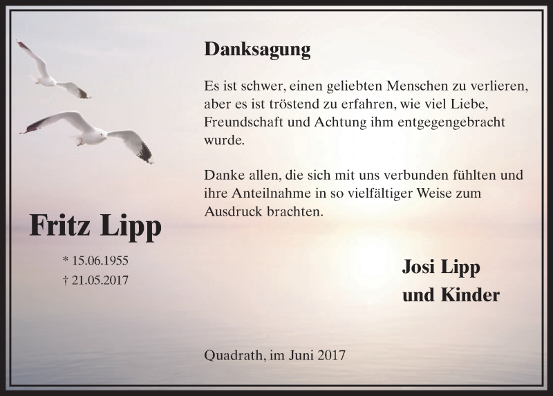  Traueranzeige für Fritz Lipp vom 10.06.2017 aus  Sonntags-Post 