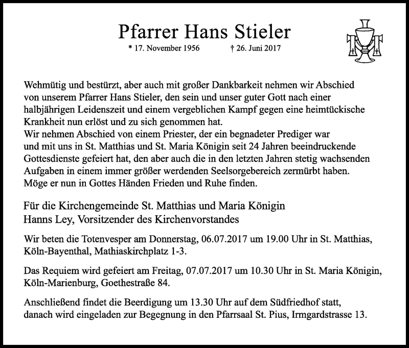  Traueranzeige für Hans Stieler vom 01.07.2017 aus Kölner Stadt-Anzeiger / Kölnische Rundschau / Express