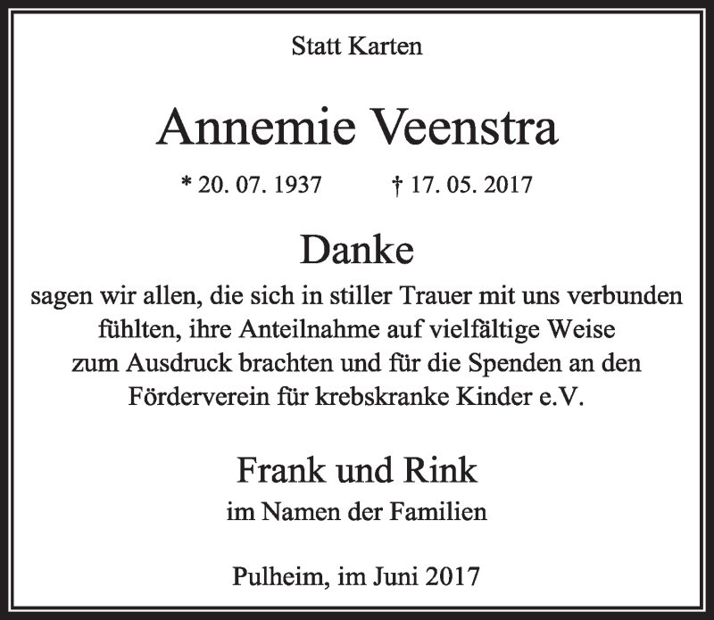  Traueranzeige für Annemie Veenstra vom 10.06.2017 aus  Sonntags-Post 