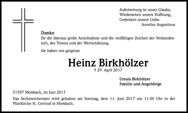  Traueranzeige für Heinz Birkhölzer vom 07.06.2017 aus Kölner Stadt-Anzeiger / Kölnische Rundschau / Express