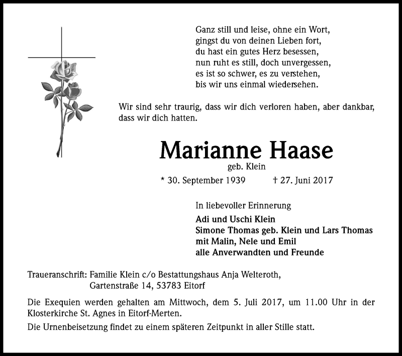  Traueranzeige für Marianne Haase vom 01.07.2017 aus Kölner Stadt-Anzeiger / Kölnische Rundschau / Express