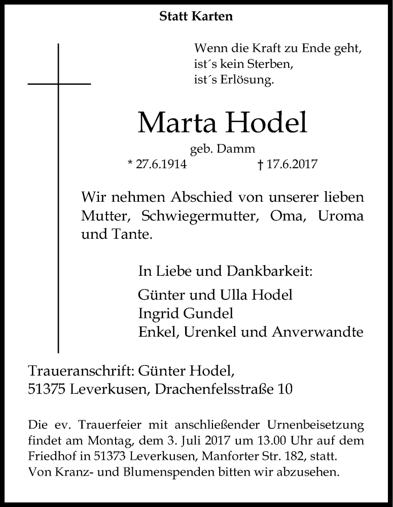  Traueranzeige für Marta Hodel vom 24.06.2017 aus Kölner Stadt-Anzeiger / Kölnische Rundschau / Express