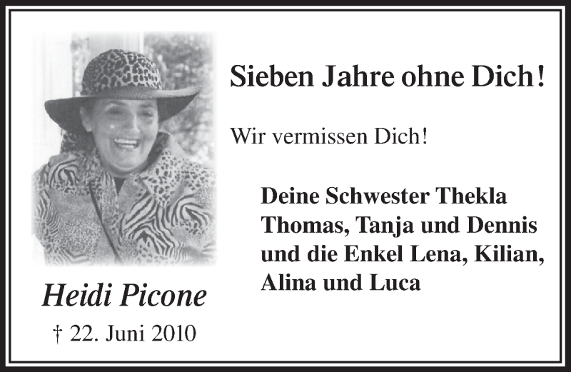  Traueranzeige für Heidi Picone vom 24.06.2017 aus  Bergisches Sonntagsblatt 