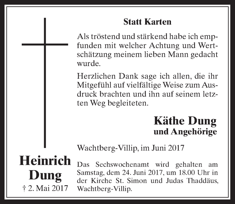 Traueranzeige für Heinrich Dung vom 14.06.2017 aus  Schaufenster/Blickpunkt 