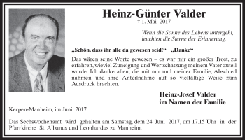 Anzeige von Heinz-Günter Valder von  Sonntags-Post 