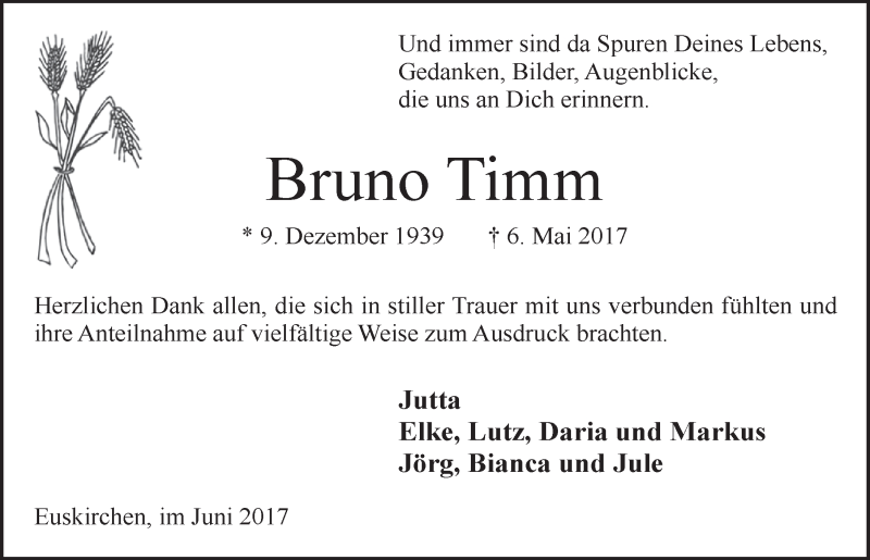  Traueranzeige für Bruno Timm vom 03.06.2017 aus  Blickpunkt Euskirchen 