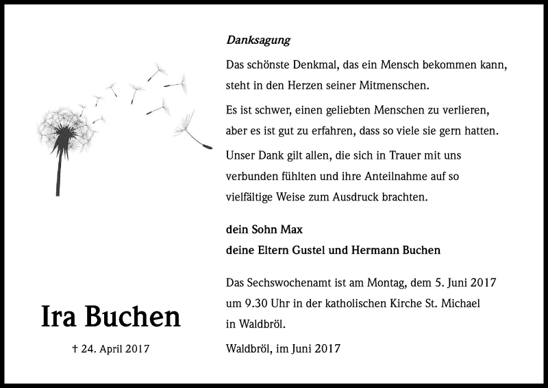  Traueranzeige für Ira Buchen vom 03.06.2017 aus Kölner Stadt-Anzeiger / Kölnische Rundschau / Express