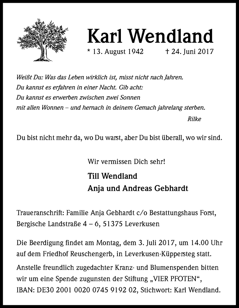  Traueranzeige für Karl Wendland vom 29.06.2017 aus Kölner Stadt-Anzeiger / Kölnische Rundschau / Express