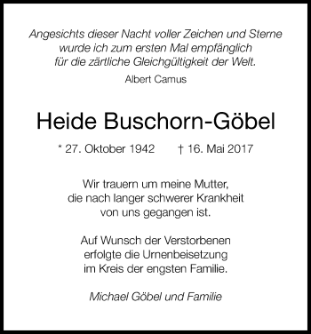 Anzeige von Heide Buschorn-Göbel von Kölner Stadt-Anzeiger / Kölnische Rundschau / Express