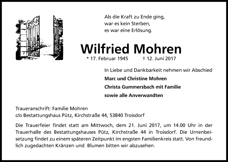  Traueranzeige für Wilfried Mohren vom 17.06.2017 aus Kölner Stadt-Anzeiger / Kölnische Rundschau / Express
