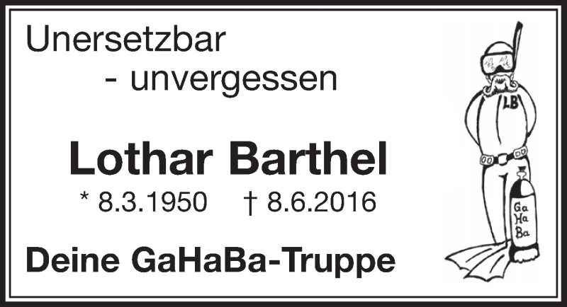  Traueranzeige für Lothar Barthel vom 07.06.2017 aus  Schlossbote/Werbekurier 
