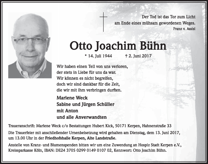  Traueranzeige für Otto Joachim Bühn vom 10.06.2017 aus  Sonntags-Post 