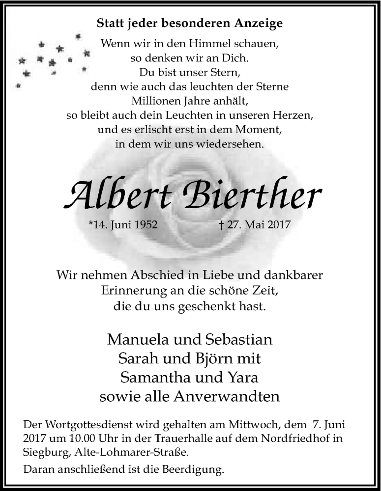  Traueranzeige für Albert Bierther vom 03.06.2017 aus Kölner Stadt-Anzeiger / Kölnische Rundschau / Express