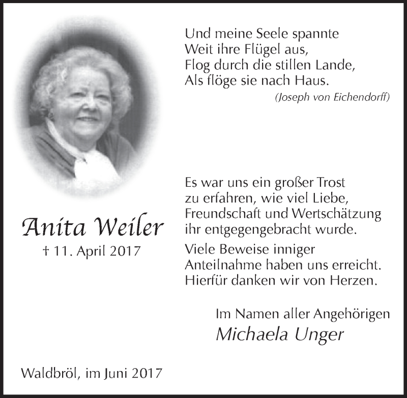  Traueranzeige für Anita Weiler vom 07.06.2017 aus  Lokalanzeiger 