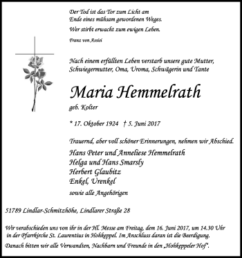 Anzeige von Maria  Hemmelrath von Kölner Stadt-Anzeiger / Kölnische Rundschau / Express