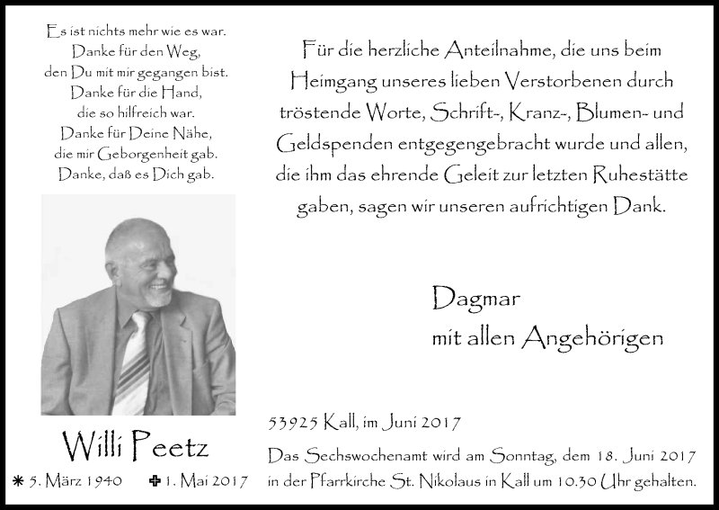 Traueranzeige für Willi Peetz vom 07.06.2017 aus Kölner Stadt-Anzeiger / Kölnische Rundschau / Express