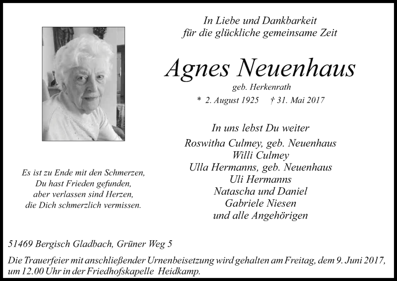  Traueranzeige für Agnes Neuenhaus vom 03.06.2017 aus Kölner Stadt-Anzeiger / Kölnische Rundschau / Express