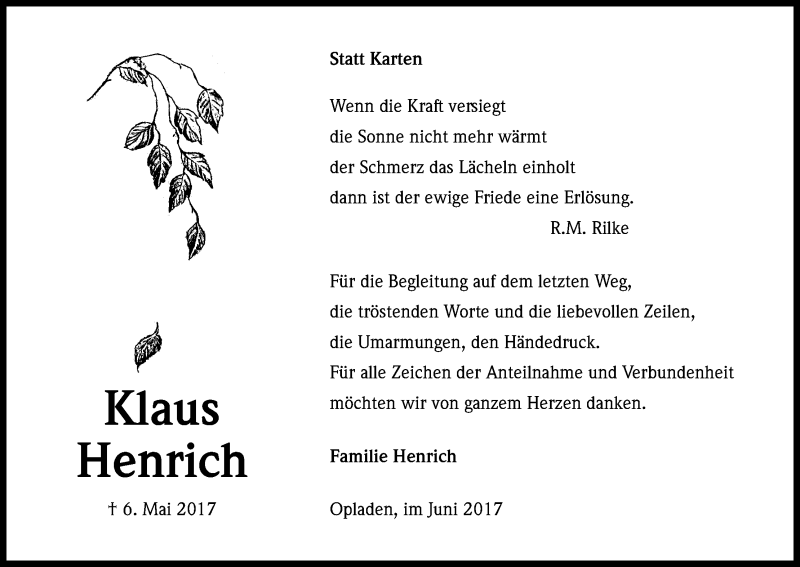  Traueranzeige für Klaus Henrich vom 10.06.2017 aus Kölner Stadt-Anzeiger / Kölnische Rundschau / Express