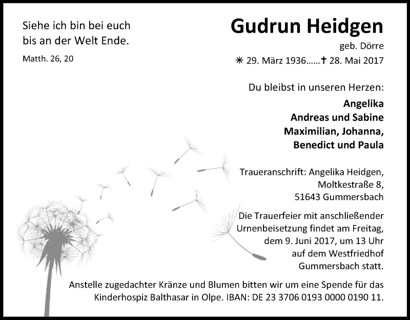  Traueranzeige für Gudrun Heidgen vom 03.06.2017 aus Kölner Stadt-Anzeiger / Kölnische Rundschau / Express