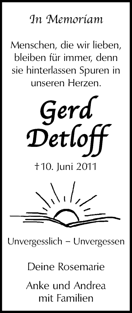  Traueranzeige für Gerd Detloff vom 07.06.2017 aus  Lokalanzeiger 