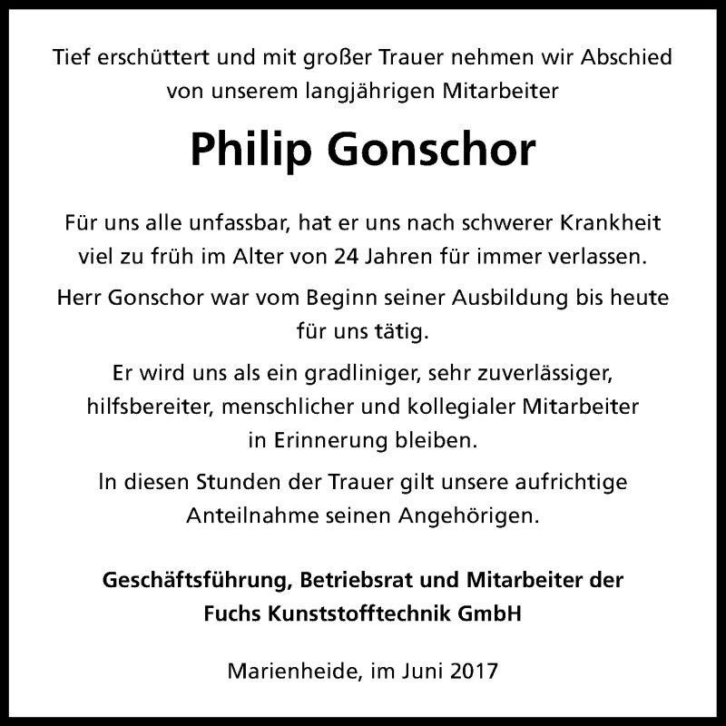  Traueranzeige für Philip Gonschor vom 14.06.2017 aus Kölner Stadt-Anzeiger / Kölnische Rundschau / Express