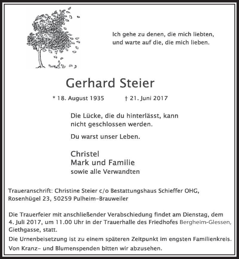  Traueranzeige für Gerhard Steier vom 01.07.2017 aus  Sonntags-Post 