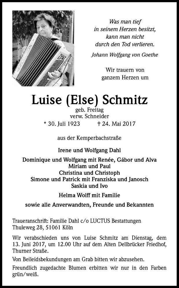  Traueranzeige für Luise  Schmitz vom 03.06.2017 aus Kölner Stadt-Anzeiger / Kölnische Rundschau / Express