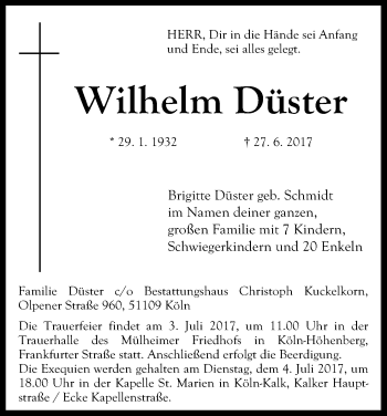 Anzeige von Wilhelm Düster von Kölner Stadt-Anzeiger / Kölnische Rundschau / Express