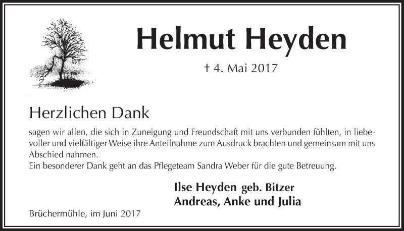  Traueranzeige für Helmut Heyden vom 07.06.2017 aus  Lokalanzeiger 