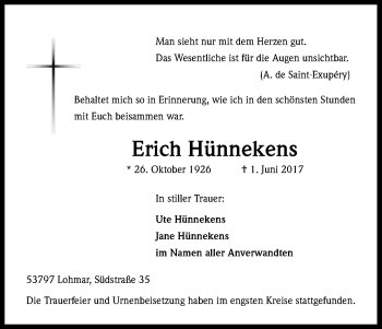 Anzeige von Erich Hünnekens von Kölner Stadt-Anzeiger / Kölnische Rundschau / Express