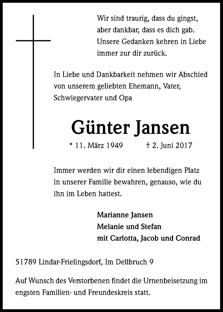  Traueranzeige für Günter Jansen vom 10.06.2017 aus Kölner Stadt-Anzeiger / Kölnische Rundschau / Express