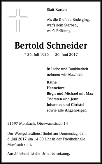 Anzeige von Bertold Schneider von Kölner Stadt-Anzeiger / Kölnische Rundschau / Express