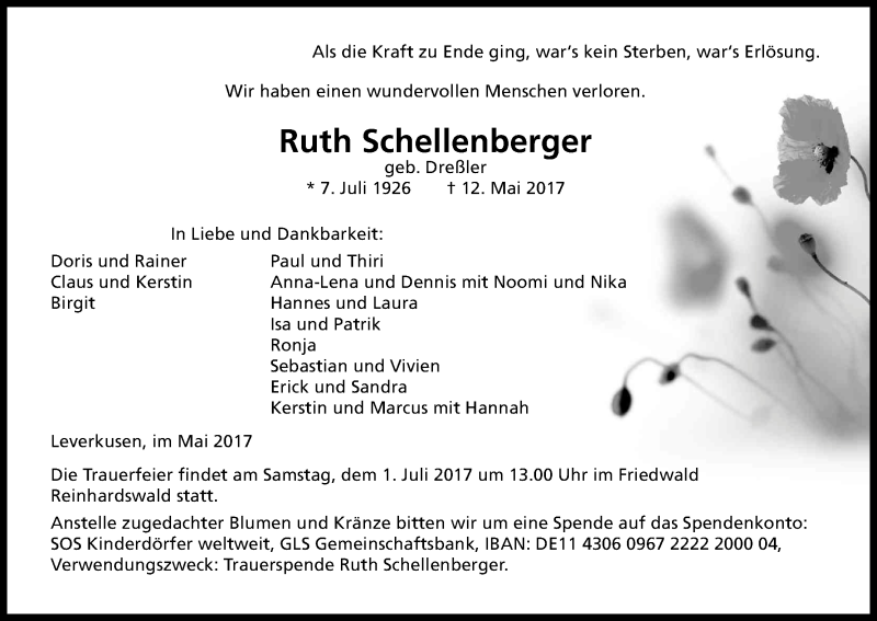 Traueranzeige für Ruth Schellenberger vom 03.06.2017 aus Kölner Stadt-Anzeiger / Kölnische Rundschau / Express