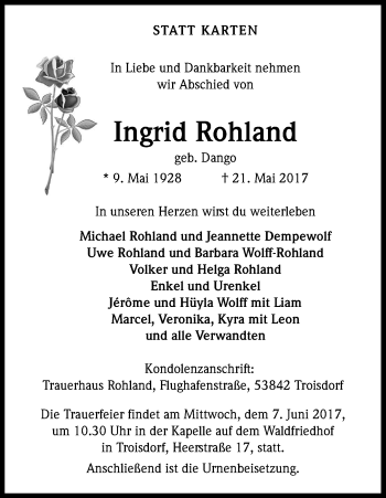 Anzeige von Ingrid Rohland von Kölner Stadt-Anzeiger / Kölnische Rundschau / Express