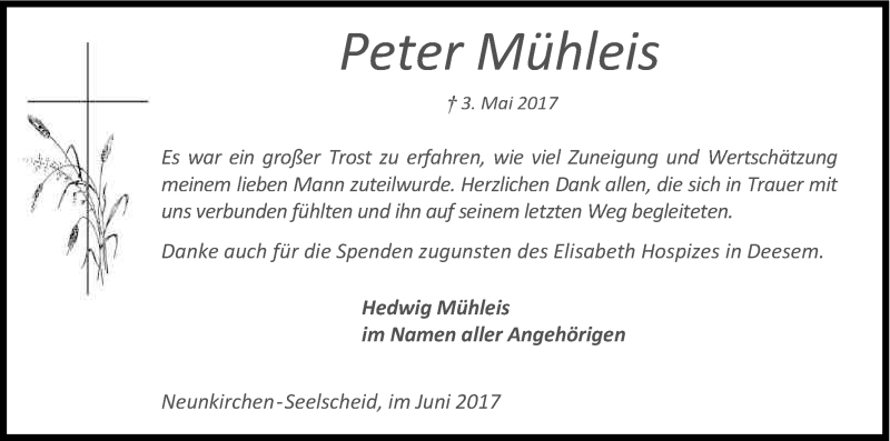  Traueranzeige für Peter Mühleis vom 17.06.2017 aus Kölner Stadt-Anzeiger / Kölnische Rundschau / Express