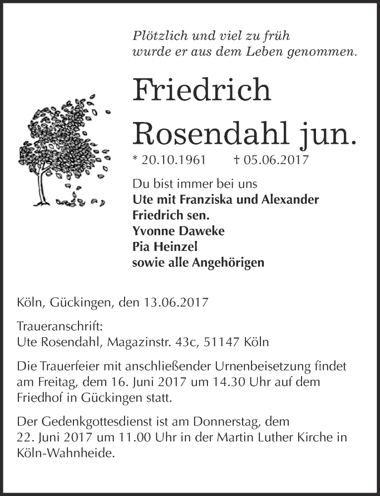  Traueranzeige für Friedrich Rosendahl vom 14.06.2017 aus  Kölner Wochenspiegel 