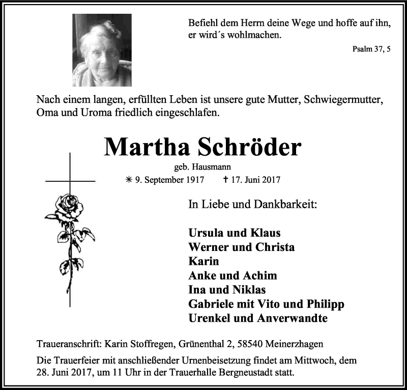  Traueranzeige für Martha Schröder vom 24.06.2017 aus Kölner Stadt-Anzeiger / Kölnische Rundschau / Express