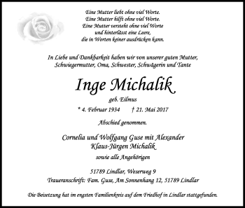 Anzeige von Inge Michalik von Kölner Stadt-Anzeiger / Kölnische Rundschau / Express