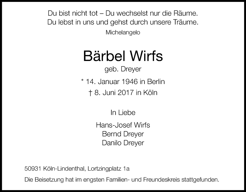  Traueranzeige für Bärbel Wirfs vom 01.07.2017 aus Kölner Stadt-Anzeiger / Kölnische Rundschau / Express