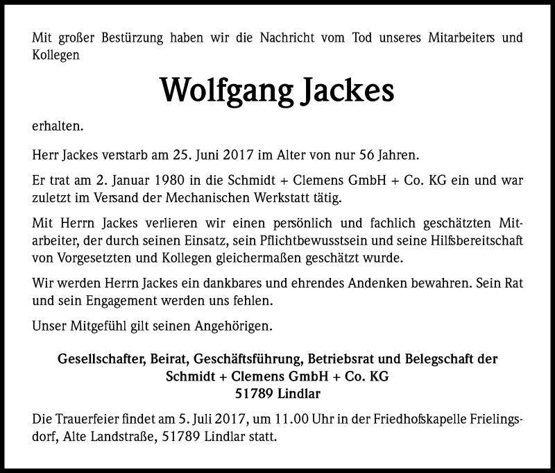  Traueranzeige für Wolfgang Jackes vom 01.07.2017 aus Kölner Stadt-Anzeiger / Kölnische Rundschau / Express