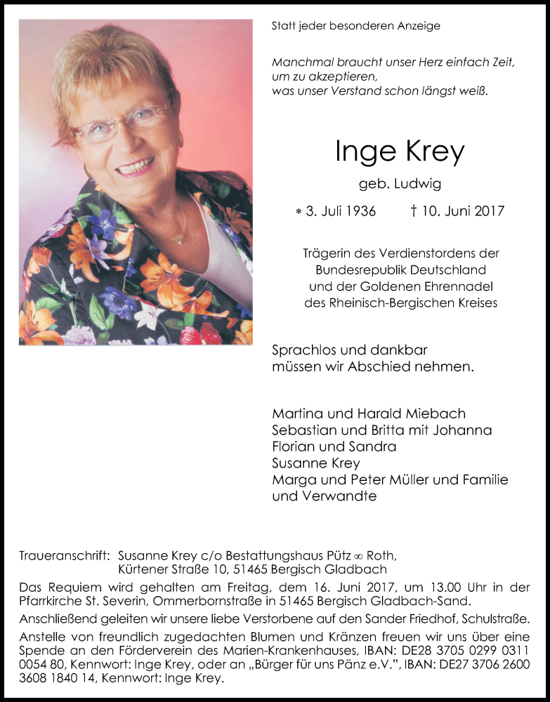  Traueranzeige für Inge Krey vom 14.06.2017 aus Kölner Stadt-Anzeiger / Kölnische Rundschau / Express