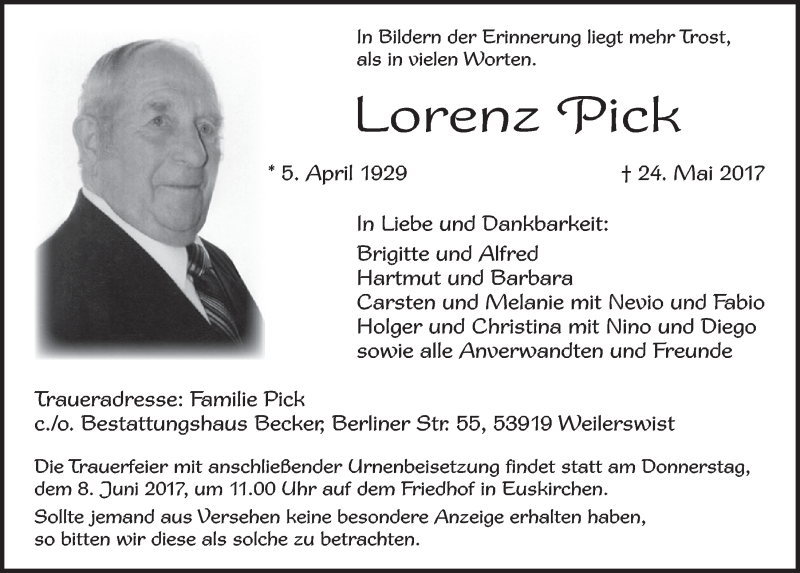  Traueranzeige für Lorenz Pick vom 03.06.2017 aus  Blickpunkt Euskirchen 