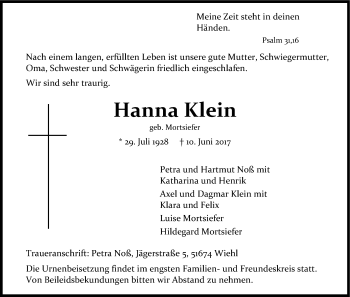 Anzeige von Hanna Klein von Kölner Stadt-Anzeiger / Kölnische Rundschau / Express