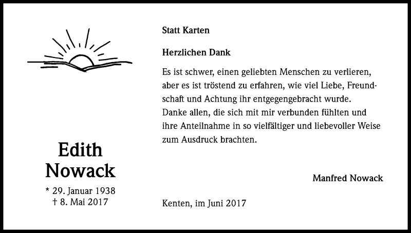  Traueranzeige für Edith Nowack vom 21.06.2017 aus Kölner Stadt-Anzeiger / Kölnische Rundschau / Express