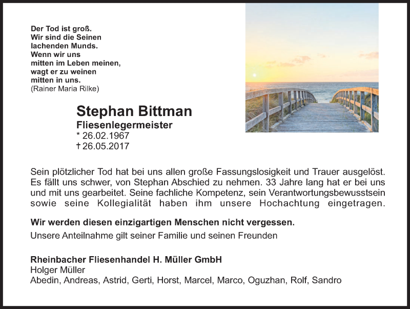  Traueranzeige für Stephan Bittman vom 14.06.2017 aus  Schaufenster/Blickpunkt 